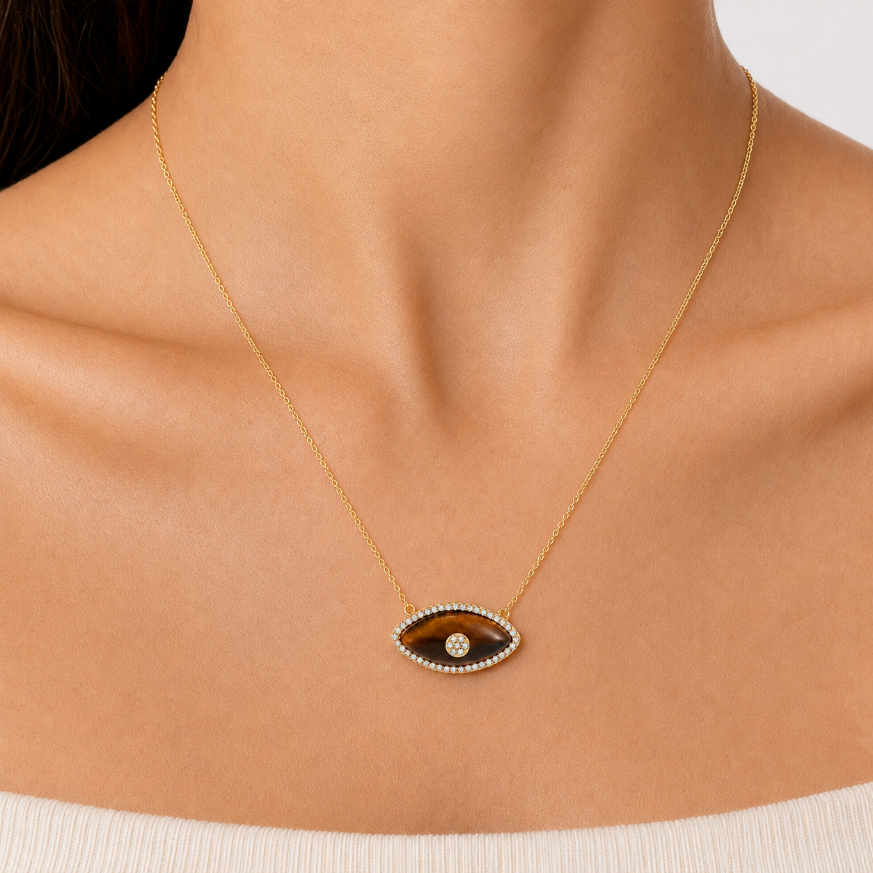 Tiger’s Eye CZ Evil Eye Necklace