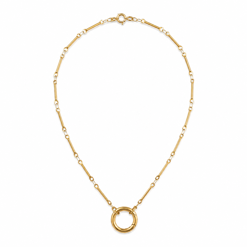Gold Bar-Link Circle Charm Clasp Necklace