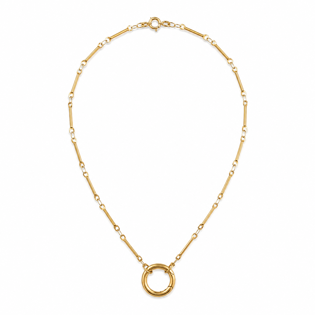 Gold Bar-Link Circle Charm Clasp Necklace
