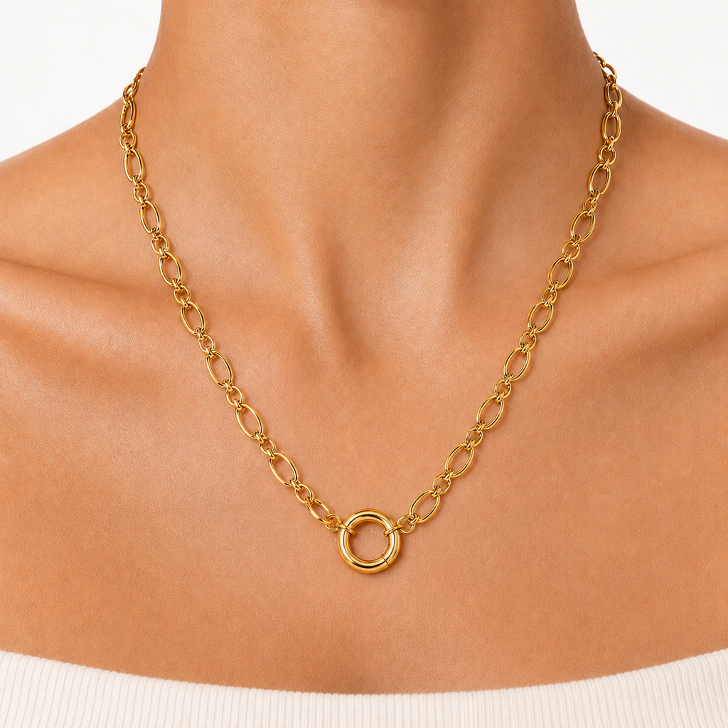 Gold Oval-Link Front Clasp Charm Necklace