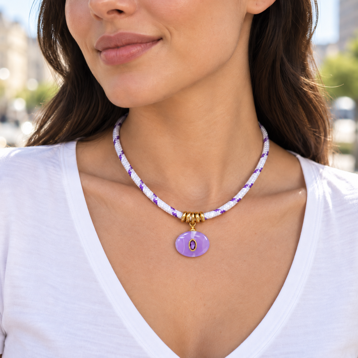 Lavender Oval Gemstone Pendant Cord Necklace