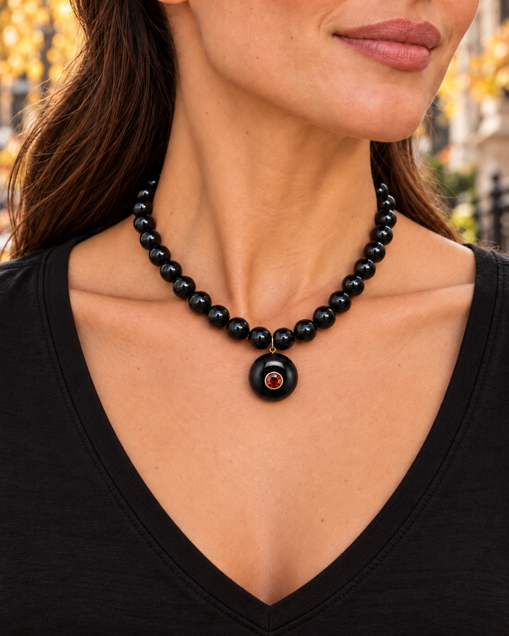 Black Beaded Pendant Necklace