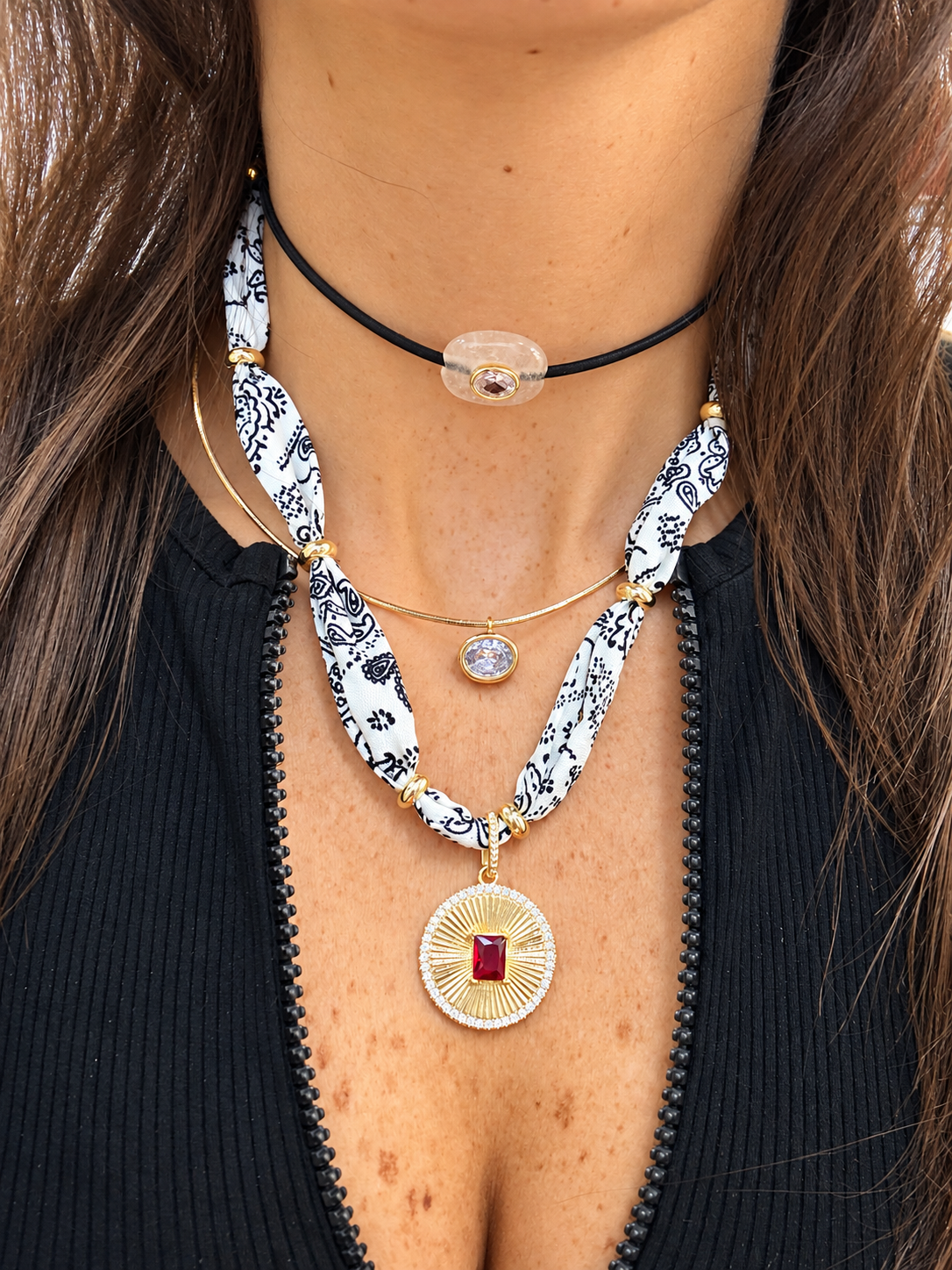 White Bandana Red Sunburst Pendant Necklace