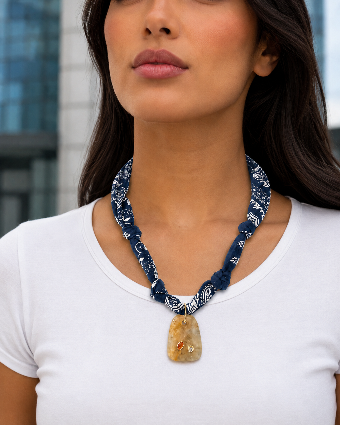 Navy Bandana Citrine Pendant Necklace