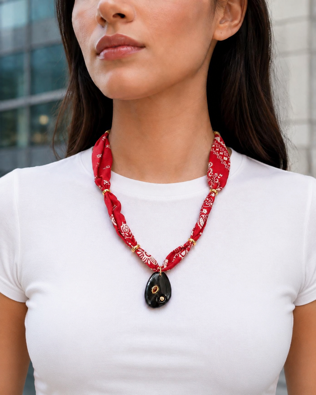 Red Bandana Onyx Pendant Necklace