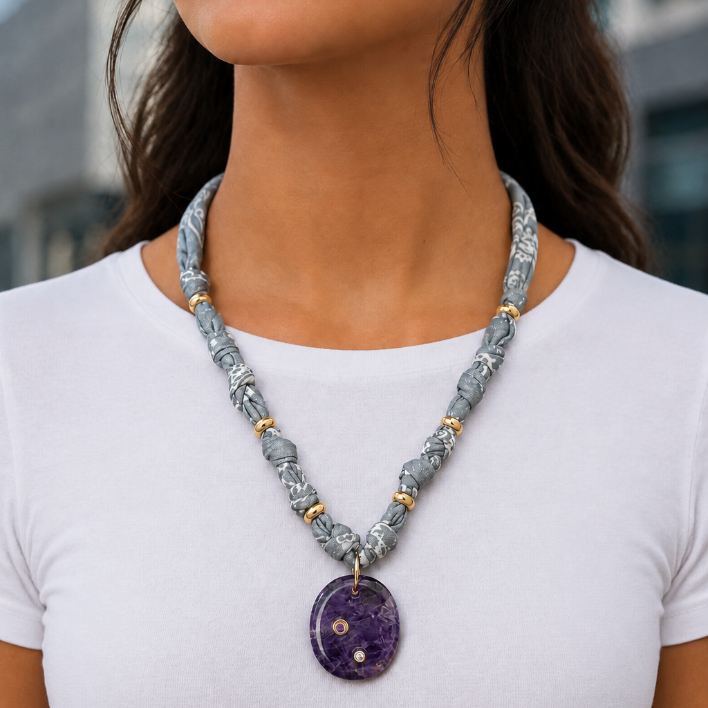 Gray Bandana Amethyst Pendant Necklace