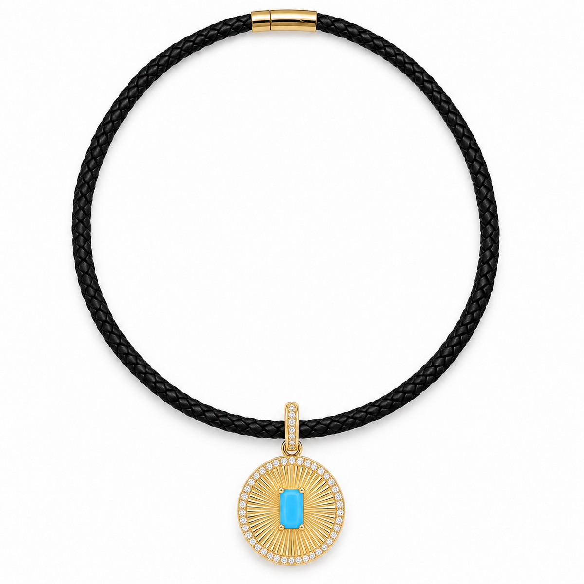 Turquoise Sunburst Pendant Woven Leather Necklace