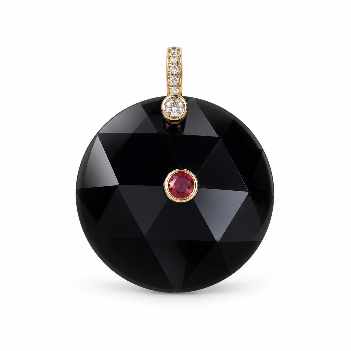 Faceted Black Agate Pendant with Red CZ Accent