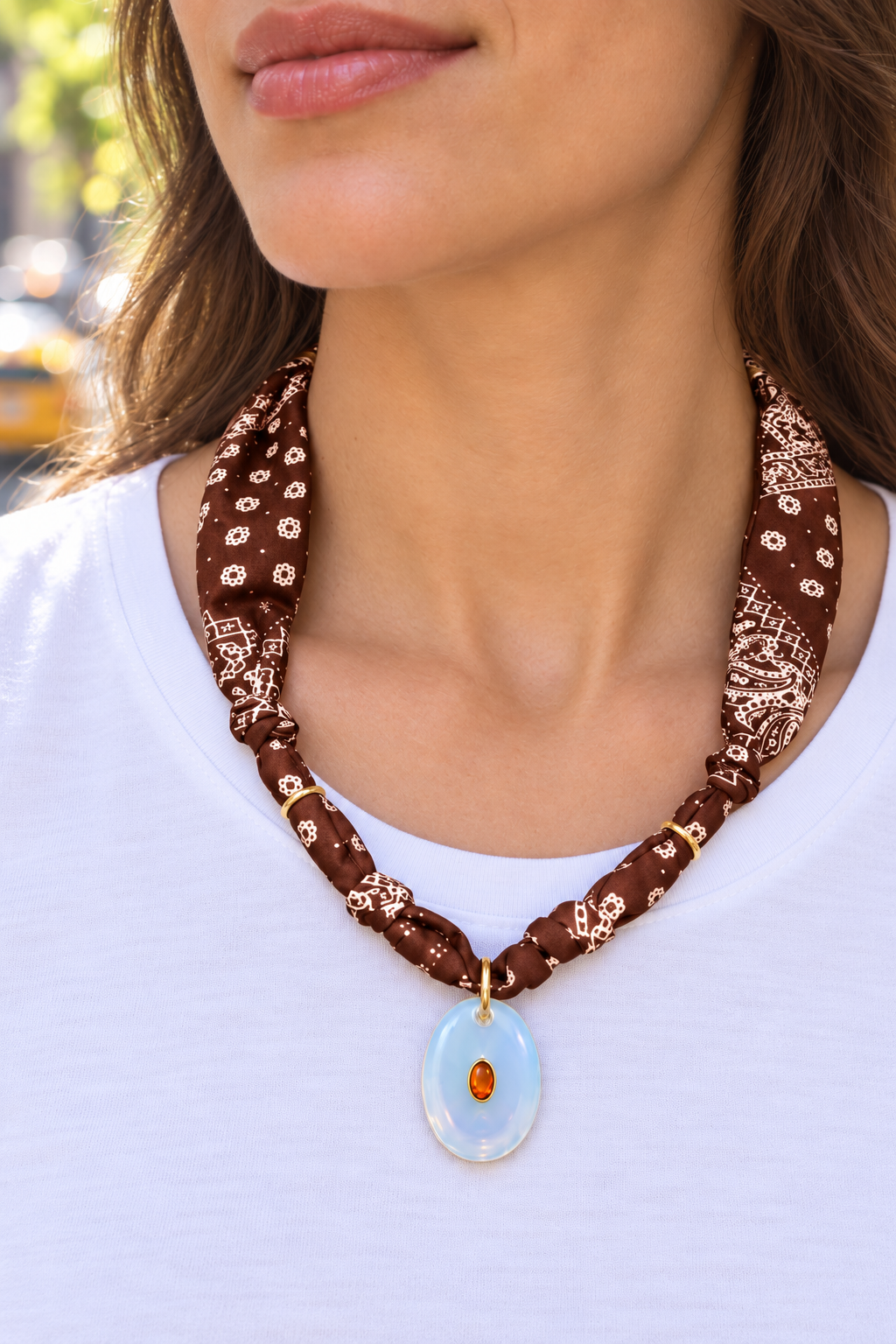 Walnut Bandana Clear Quartz Oval Pendant Necklace