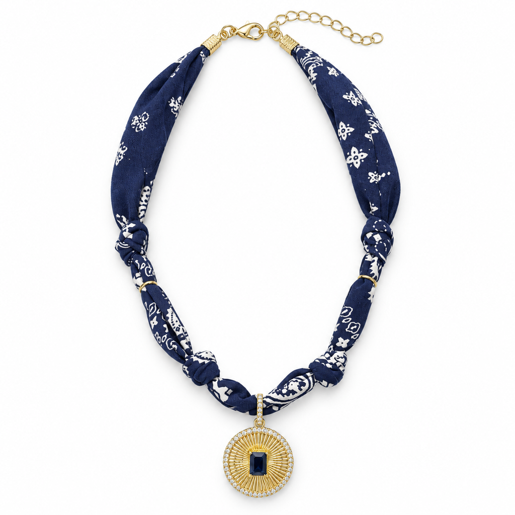 Navy Bandana Necklace with Deep Blue Sunburst Pendant
