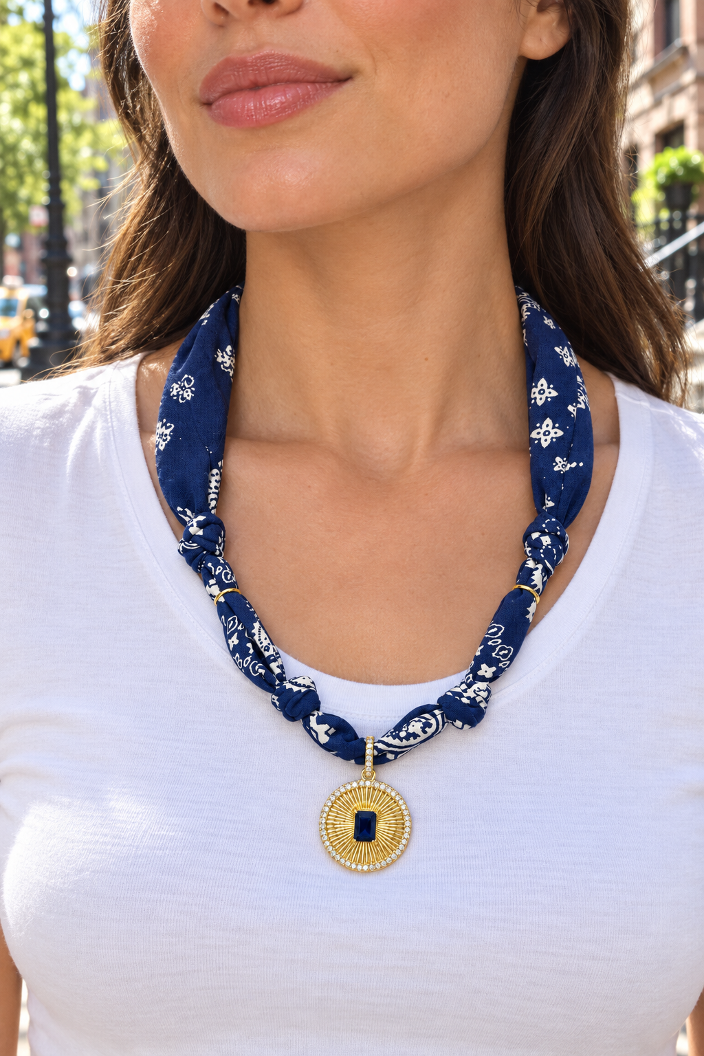 Navy Bandana Necklace with Deep Blue Sunburst Pendant