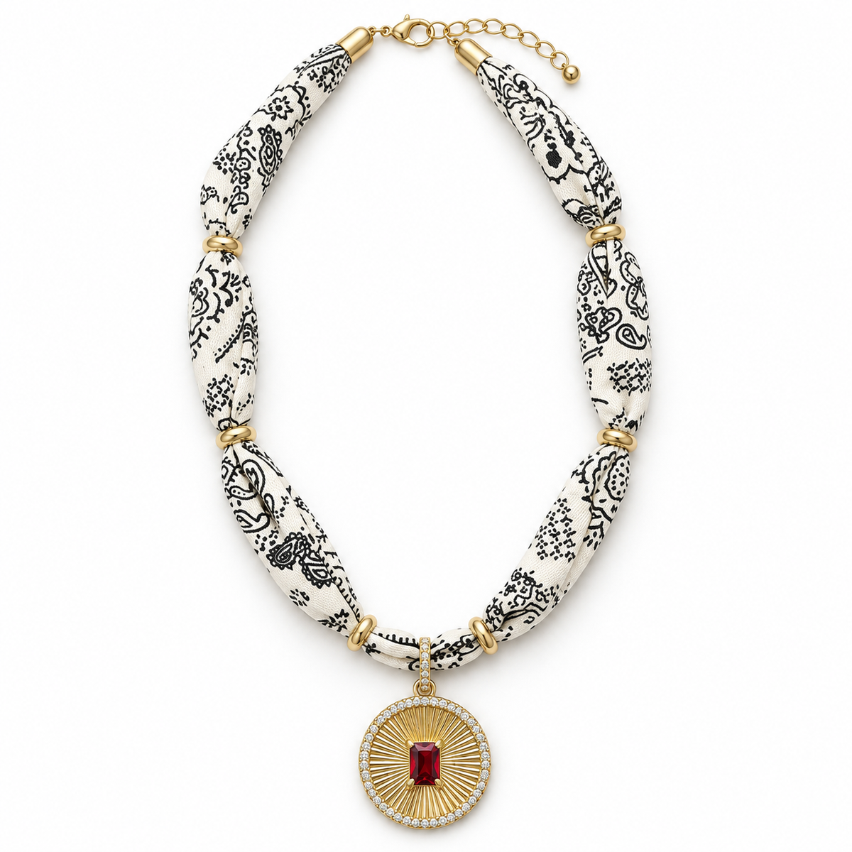 White Bandana Red Sunburst Pendant Necklace