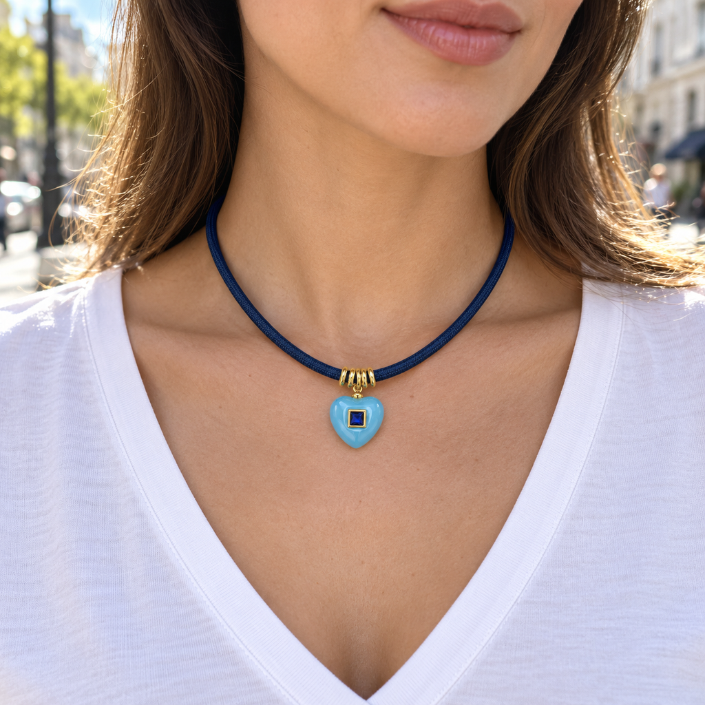 Navy Cord Blue Heart Pendant Necklace
