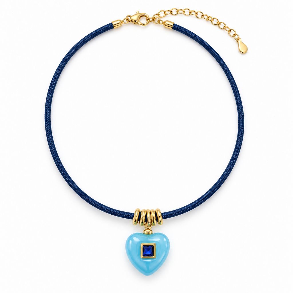 Navy Cord Blue Heart Pendant Necklace