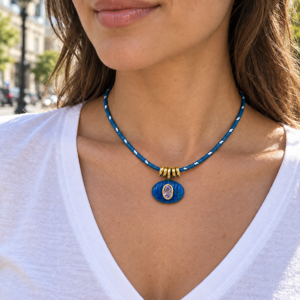Blue Oval Stone Paracord Necklace