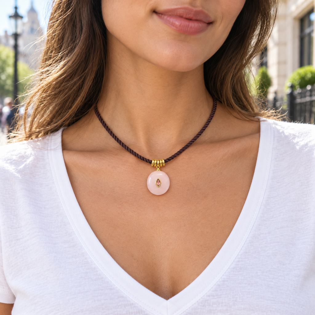 Blush Pink Pendant Brown Cord Necklace
