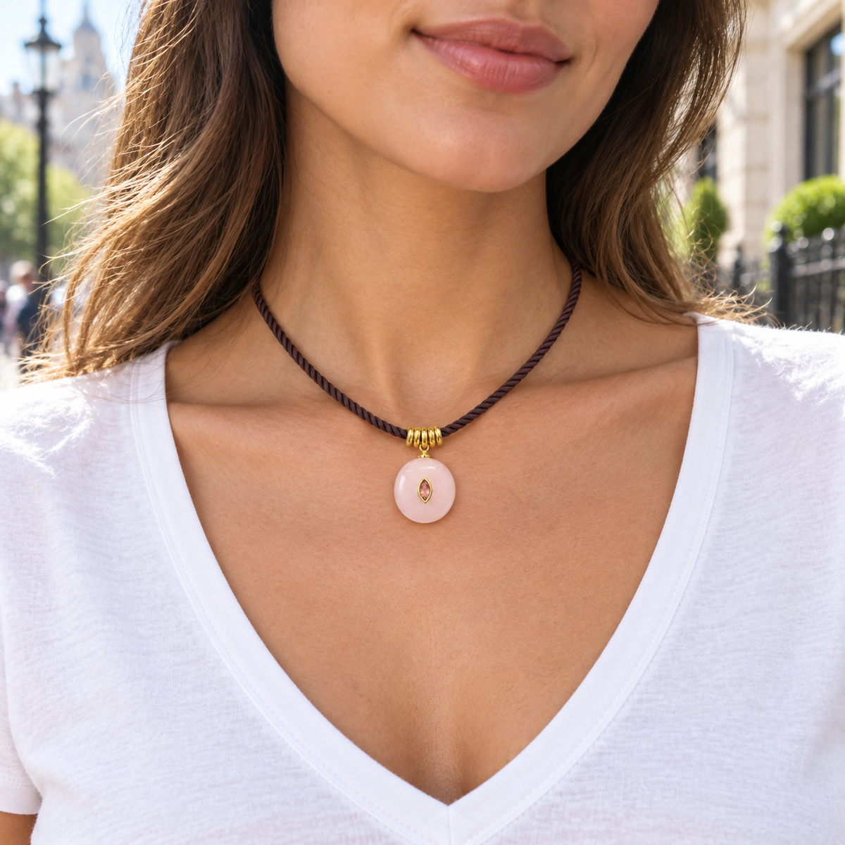 Blush Pink Pendant Brown Cord Necklace