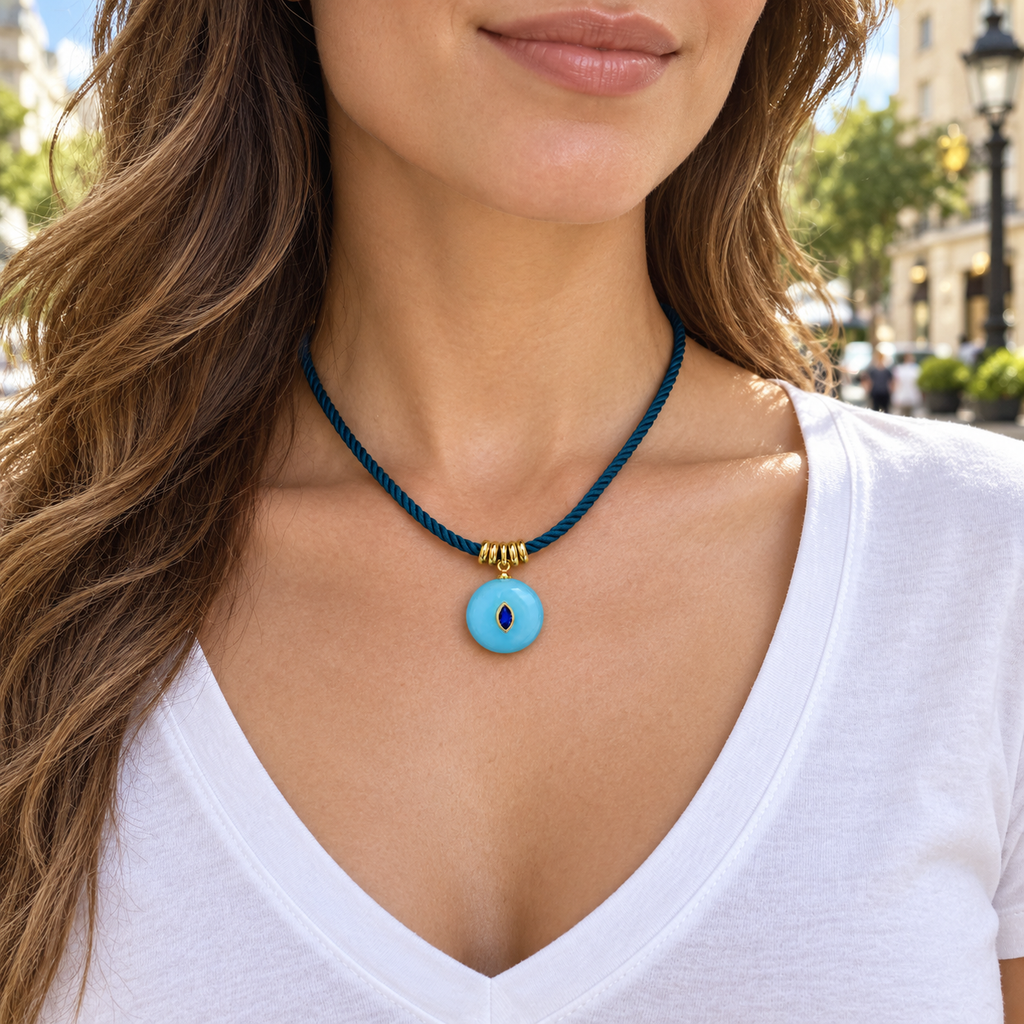 Aqua Marquise Pendant Teal Cord Necklace