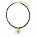 Green Oval Stone Ribbed Pendant Necklace