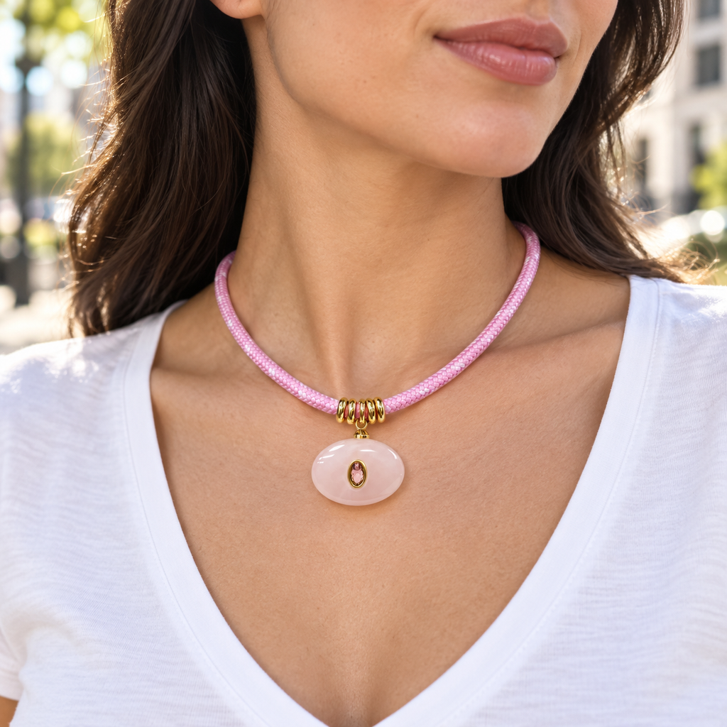 Blush Pink Oval Pendant Cord Necklace