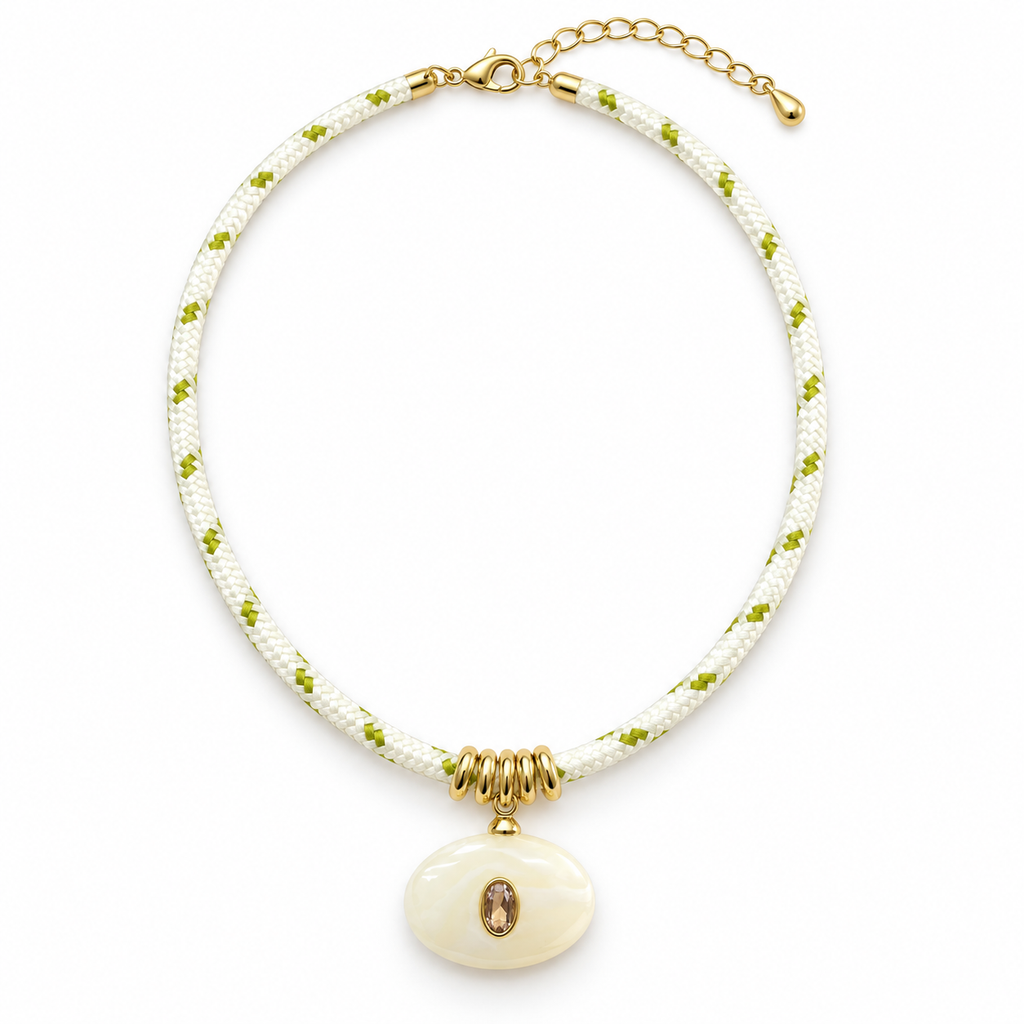 Ivory & Olive Oval Gemstone Pendant Cord Necklace