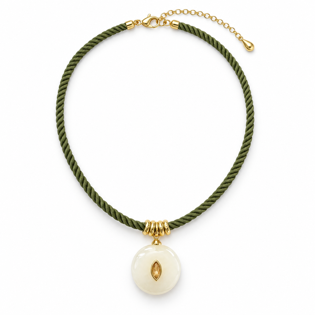 Ivory Gemstone Pendant Olive Cord Necklace