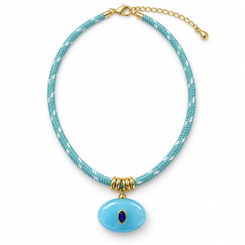 Aqua Oval Pendant Paracord Necklace