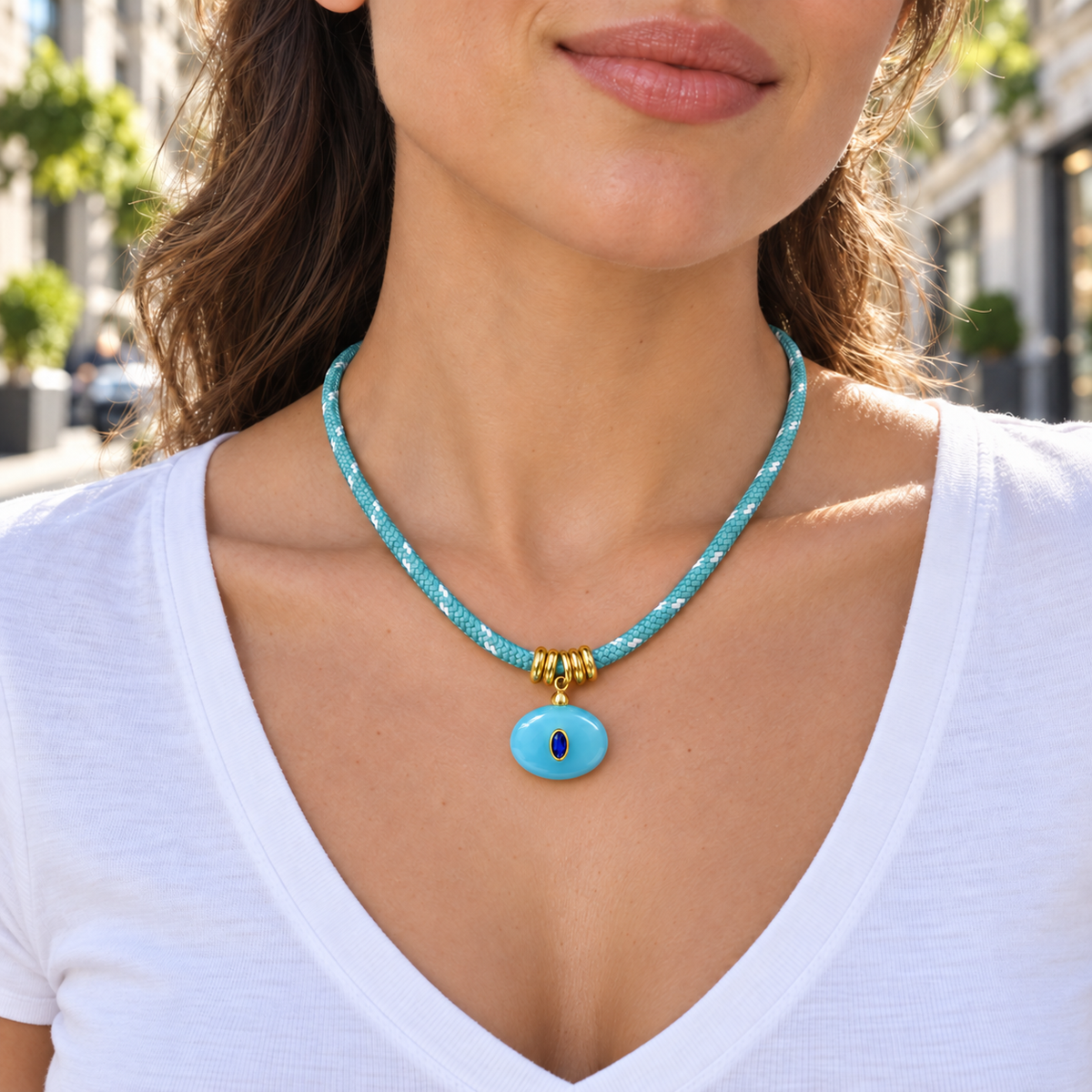 Aqua Oval Pendant Paracord Necklace