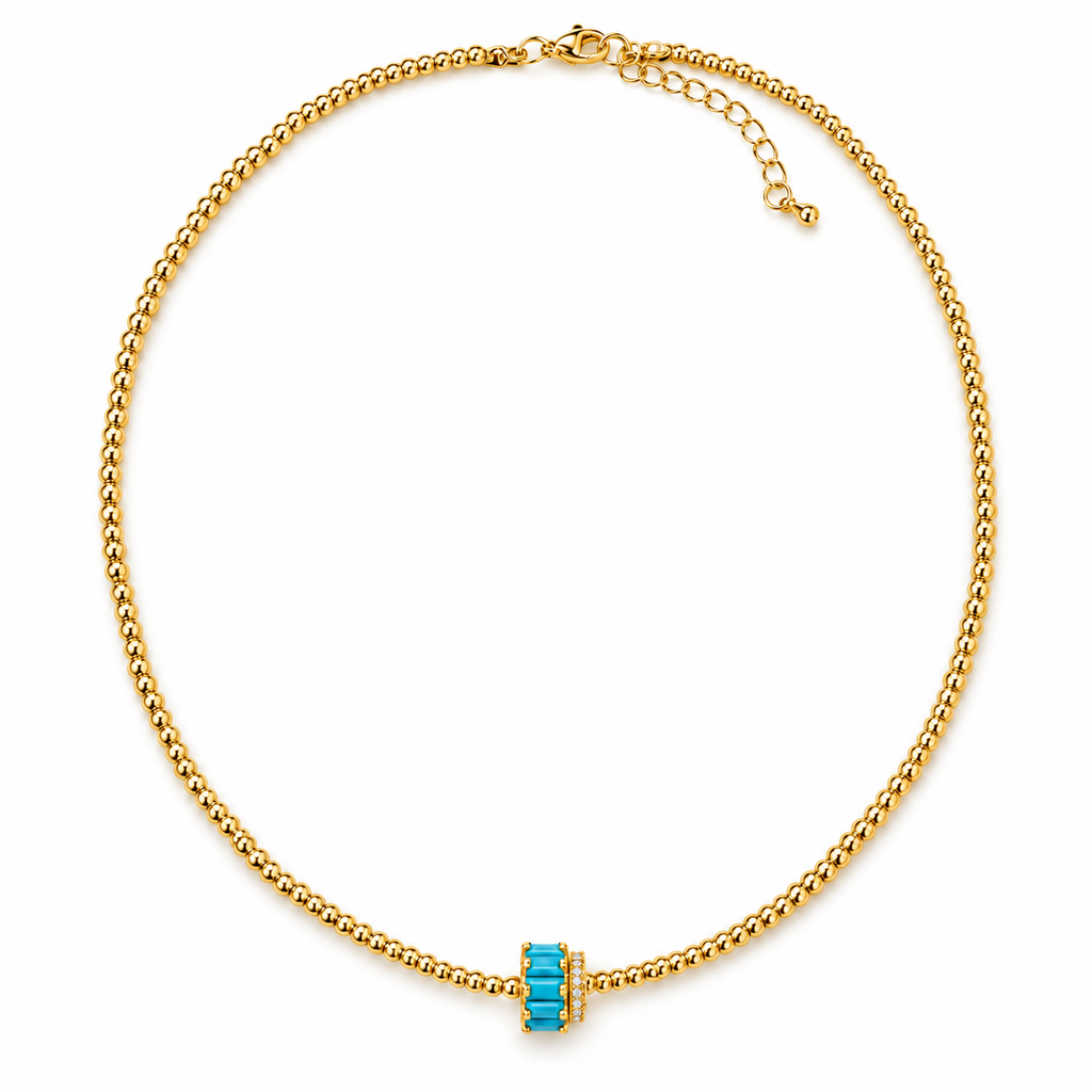 Turquoise Baguette Rondelle Gold Beaded Necklace