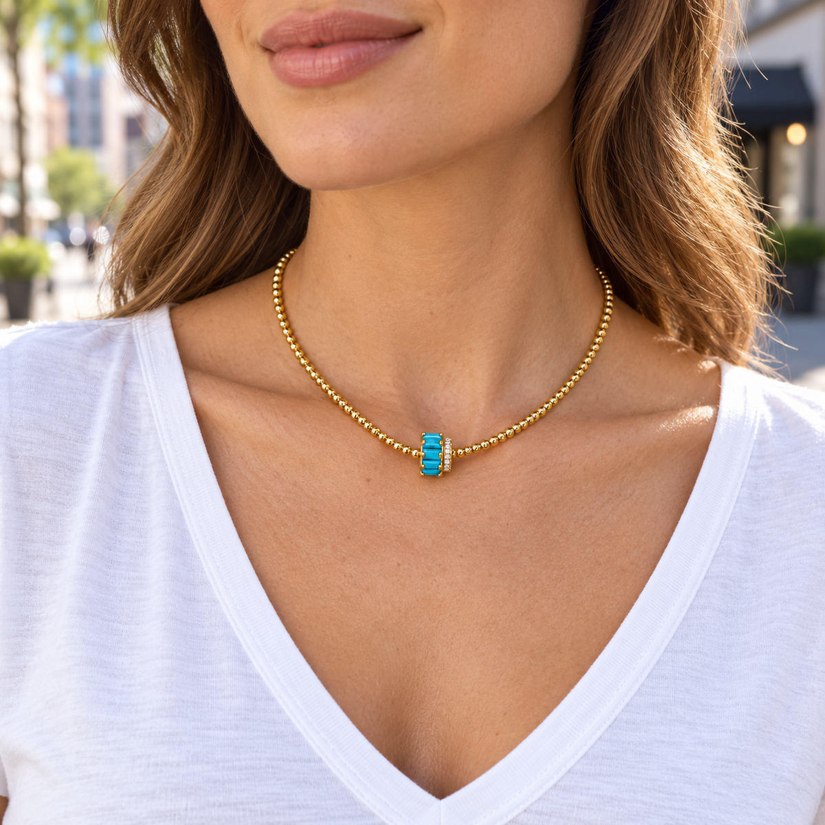 Turquoise Baguette Rondelle Gold Beaded Necklace