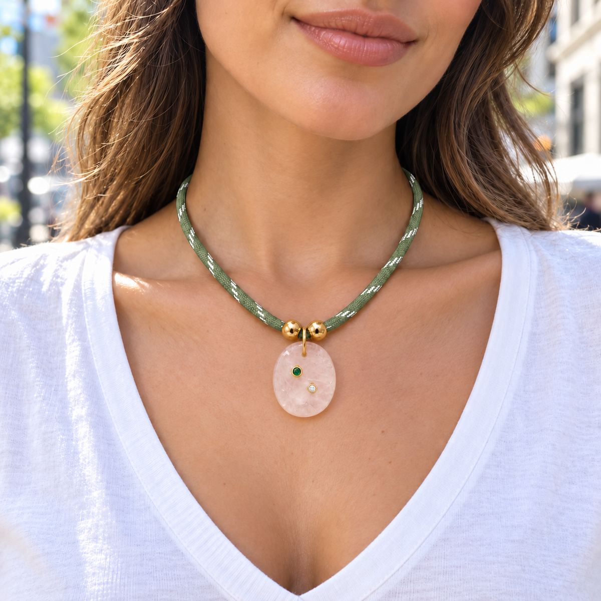 Rose Quartz Pendant Sage Paracord Necklace