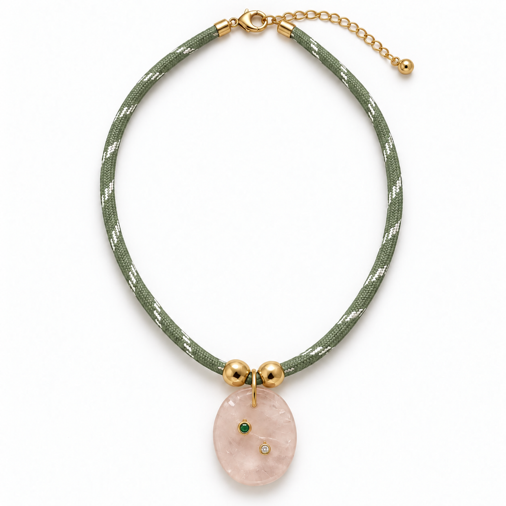 Rose Quartz Pendant Sage Paracord Necklace