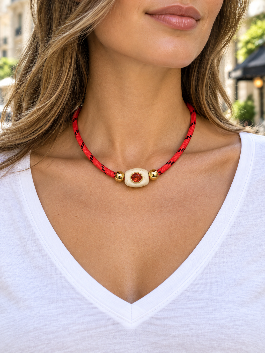 Red Crystal Ivory Bead Paracord Necklace