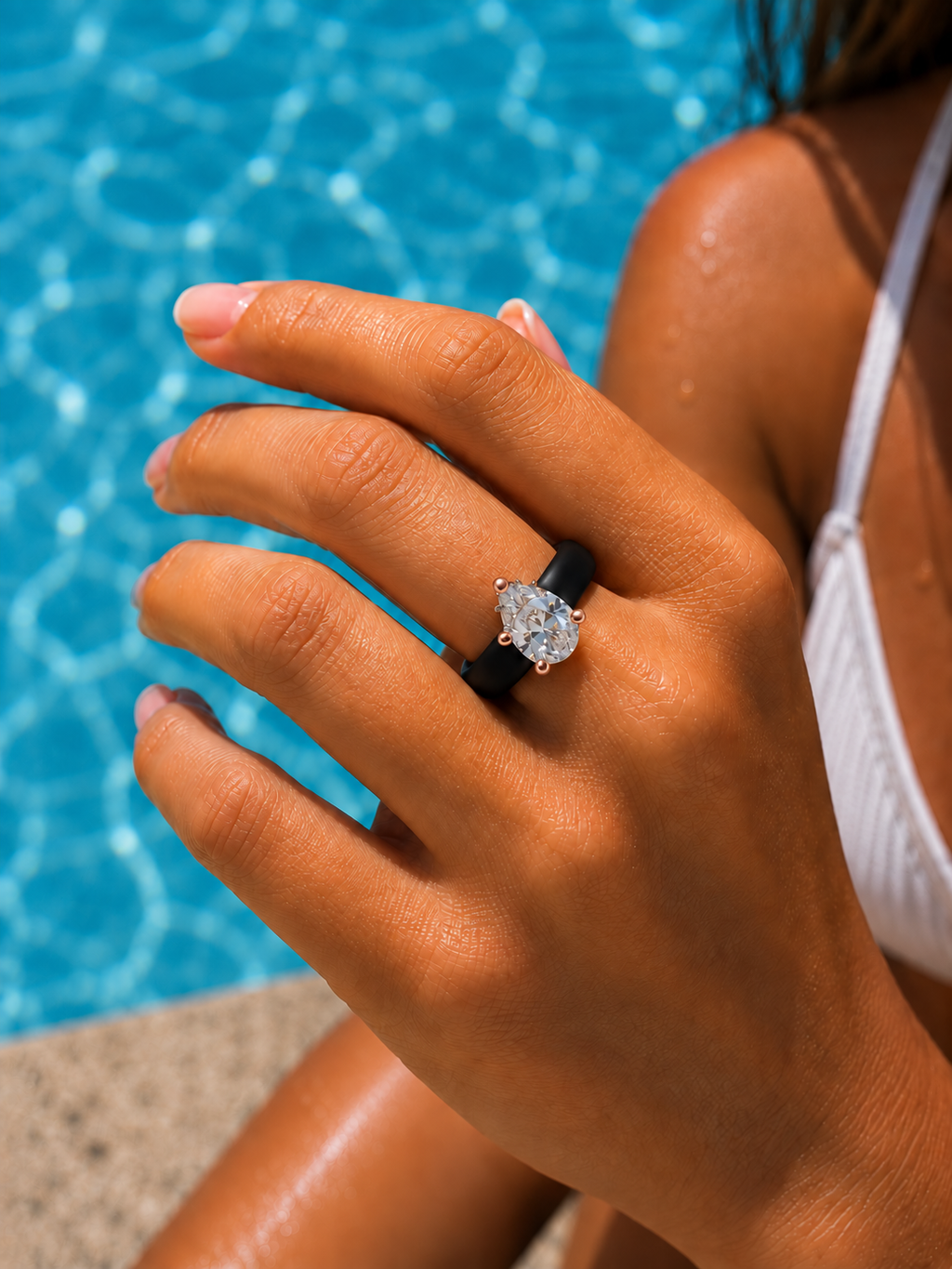 Pear CZ Black Silicone Ring
