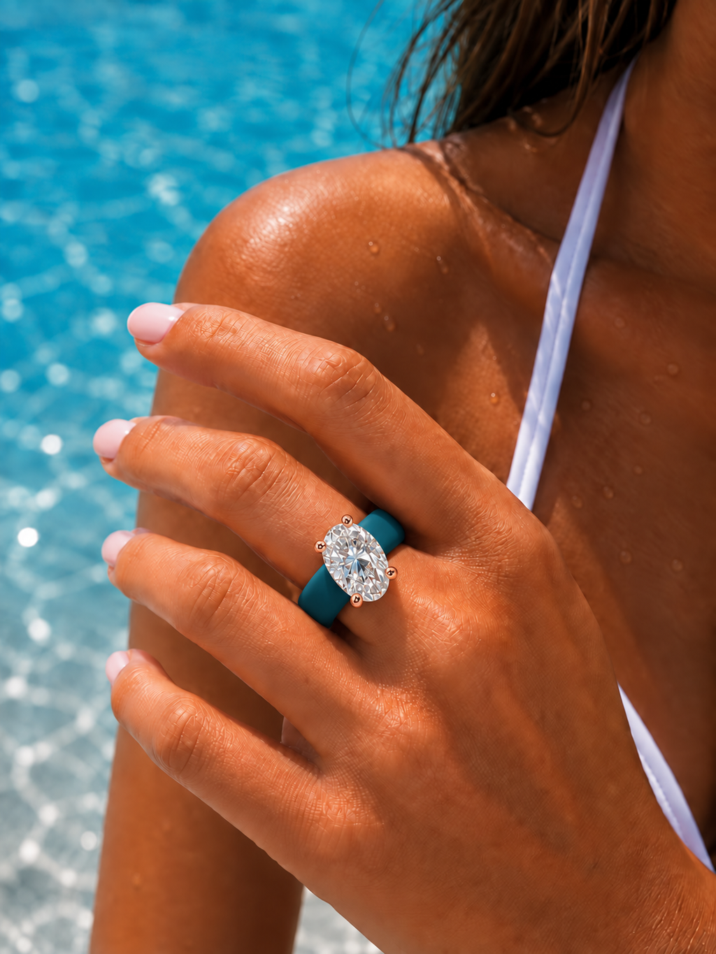 Oval CZ Teal Silicone Ring