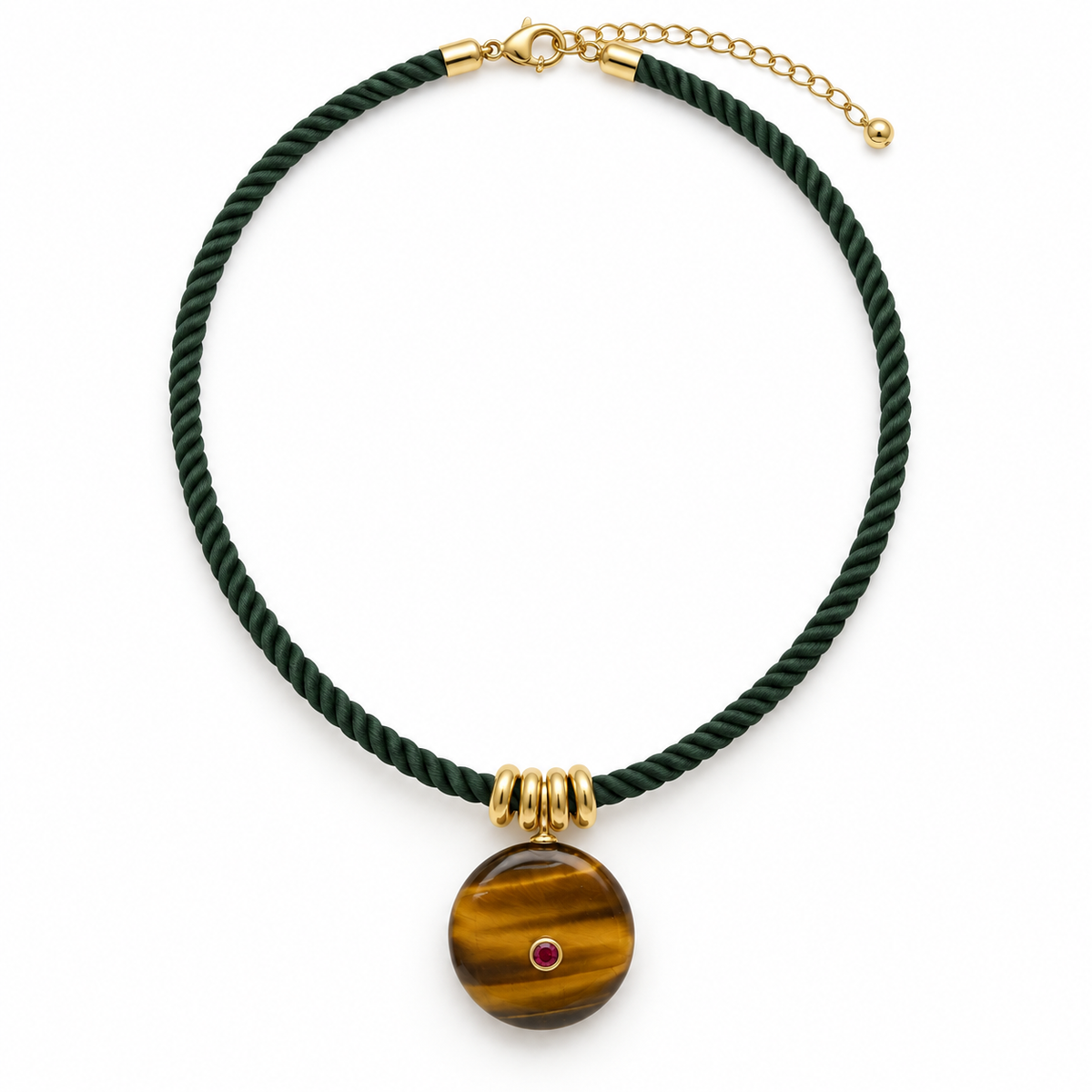 Tiger’s Eye Pendant Necklace with Green Twisted Paracord