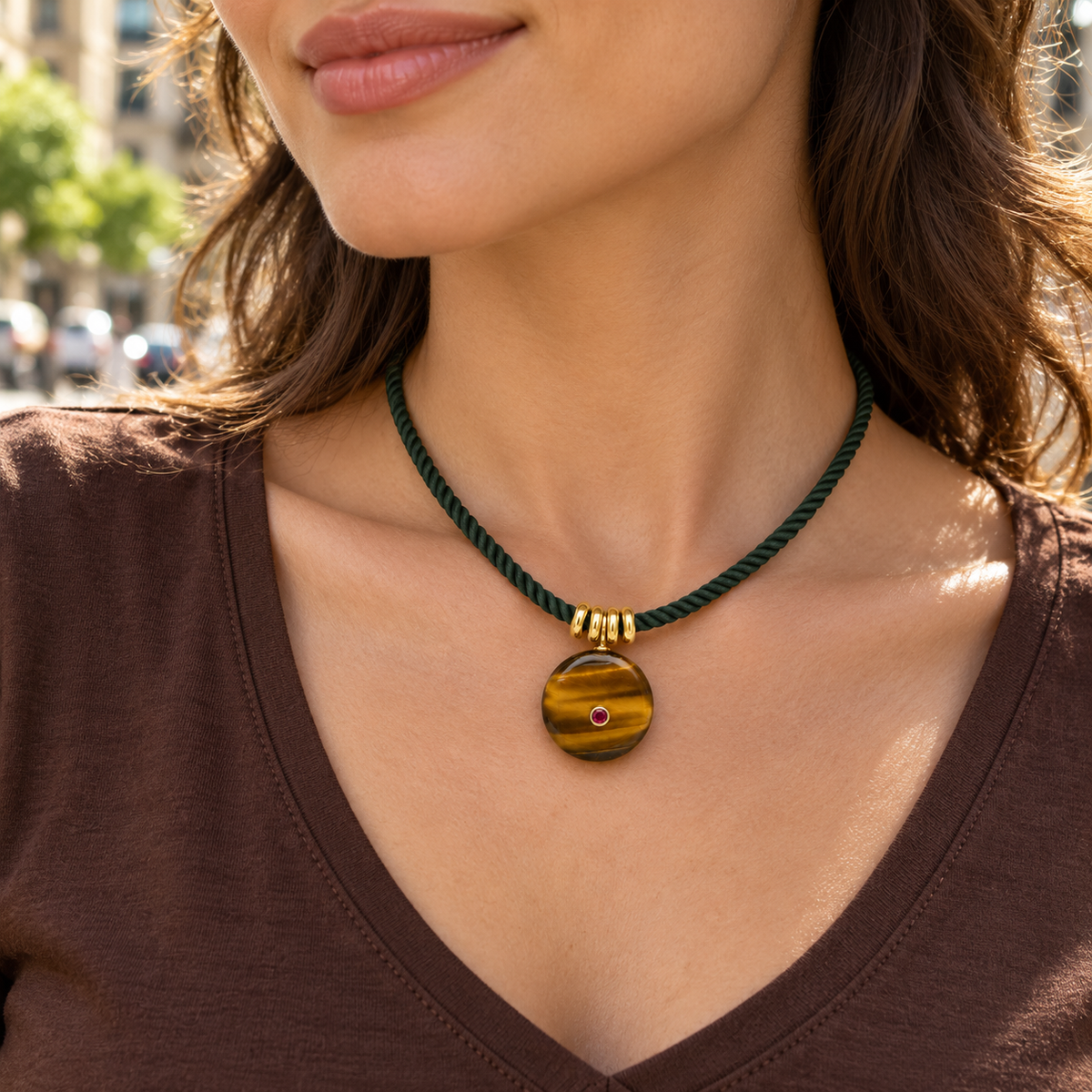 Tiger’s Eye Pendant Necklace with Green Twisted Paracord