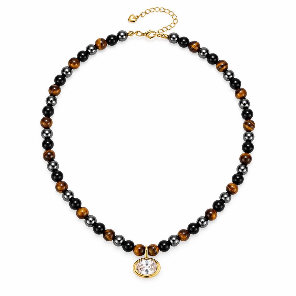 Tiger Eye & Black Beaded Necklace with Oval Pendant
