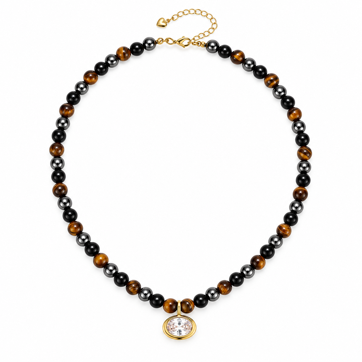 Tiger Eye & Black Beaded Necklace with Oval Pendant