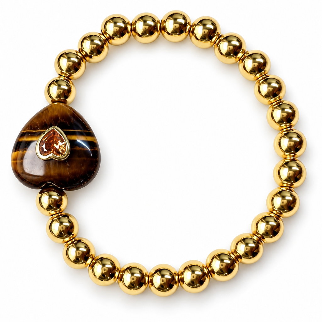 Tiger’s Eye Heart & Gold Beaded Bracelet