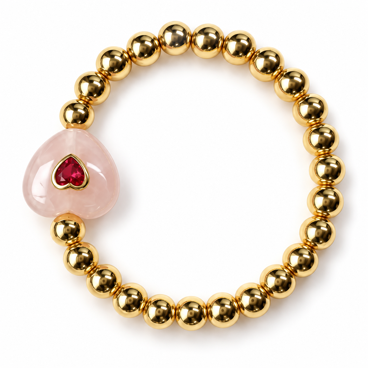 Rose Quartz Heart & Gold Beaded Bracelet