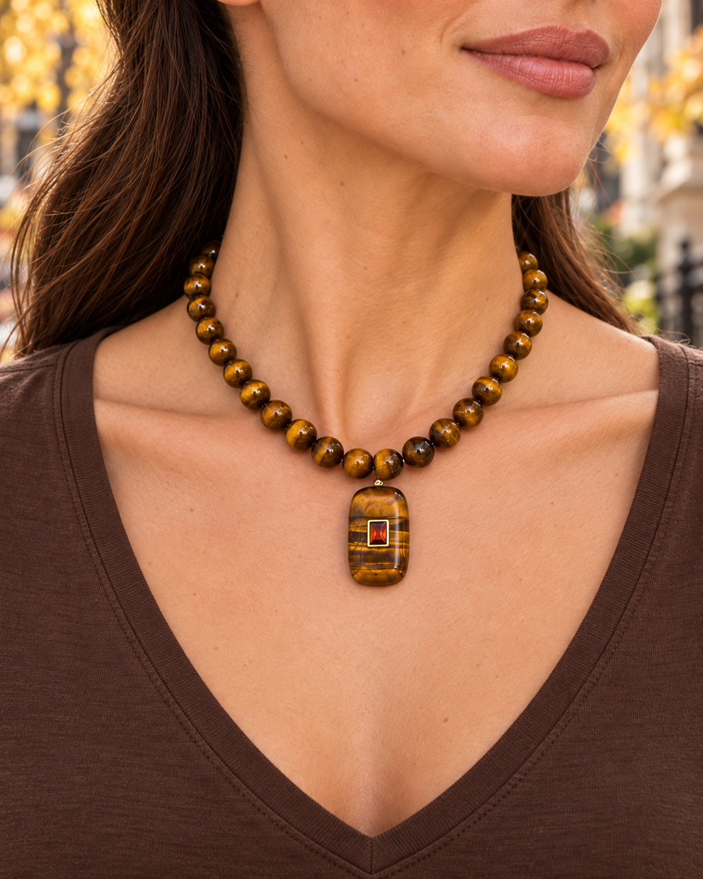 Tiger Eye Beaded Pendant Necklace