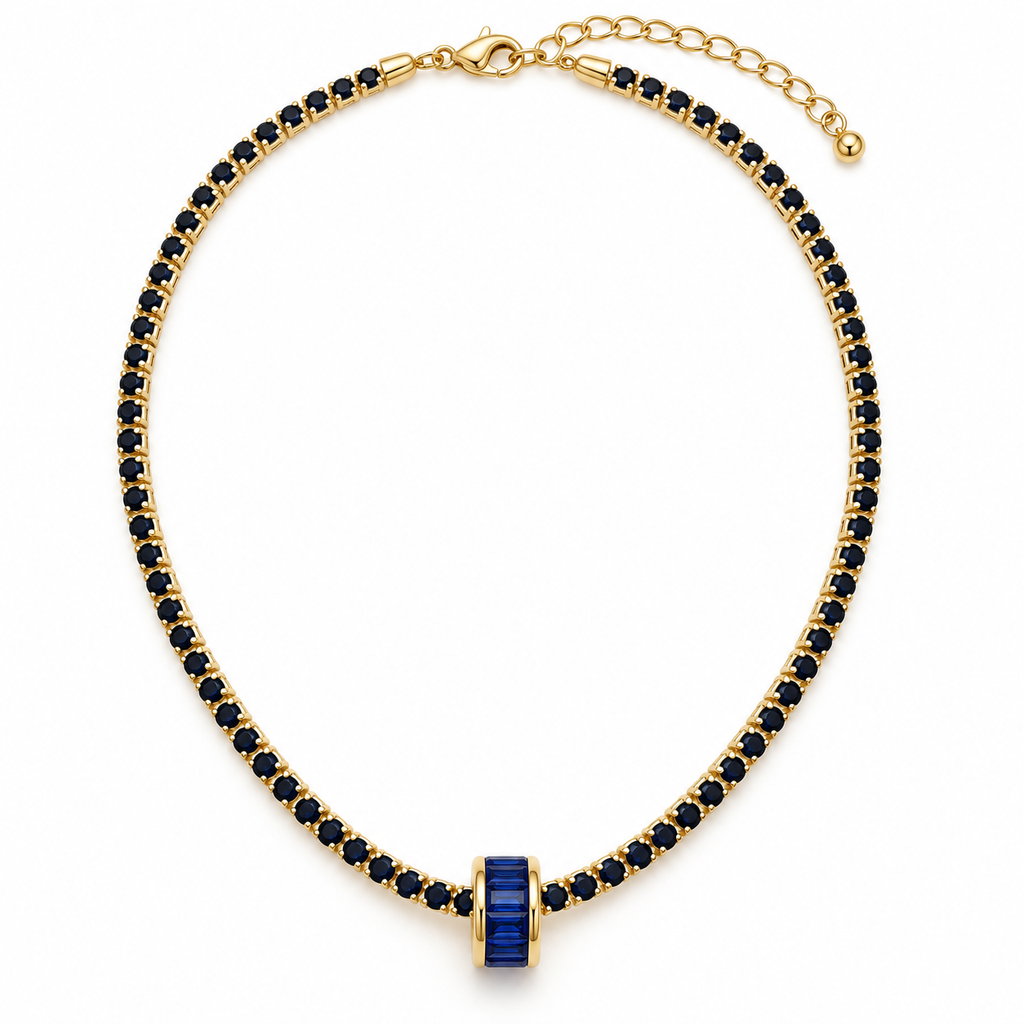 Midnight Blue Baguette Barrel CZ Tennis Necklace
