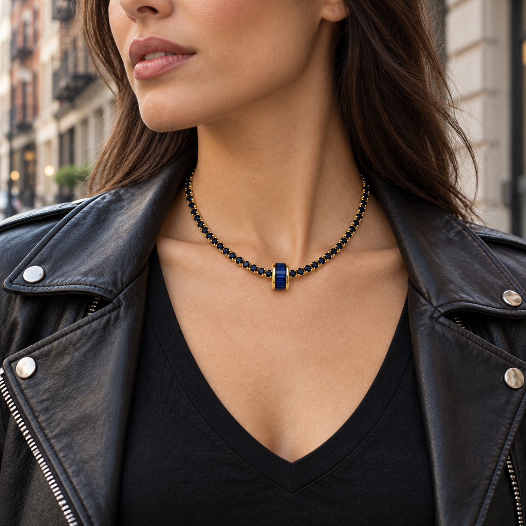 Midnight Blue Baguette Barrel CZ Tennis Necklace