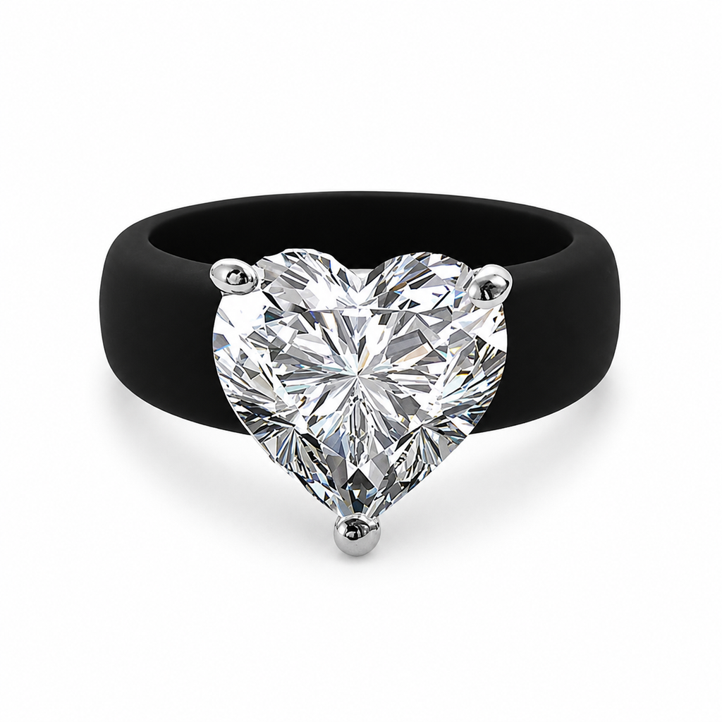 Heart CZ Black Silicone Ring