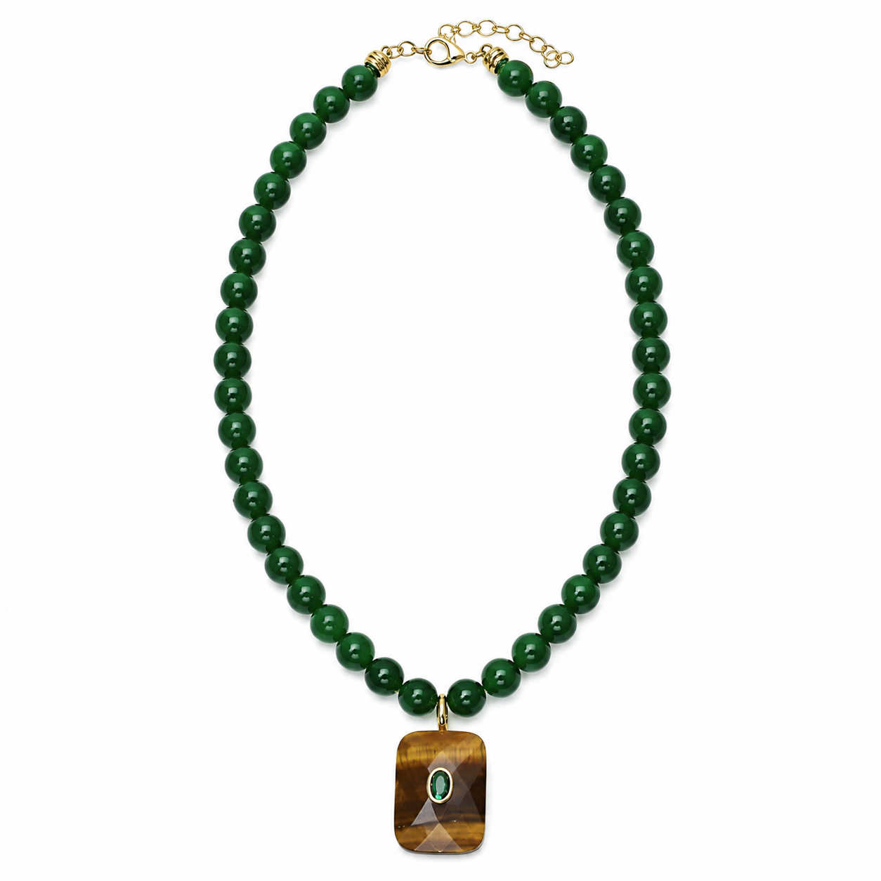 Green Beaded Tiger’s Eye Pendant Necklace