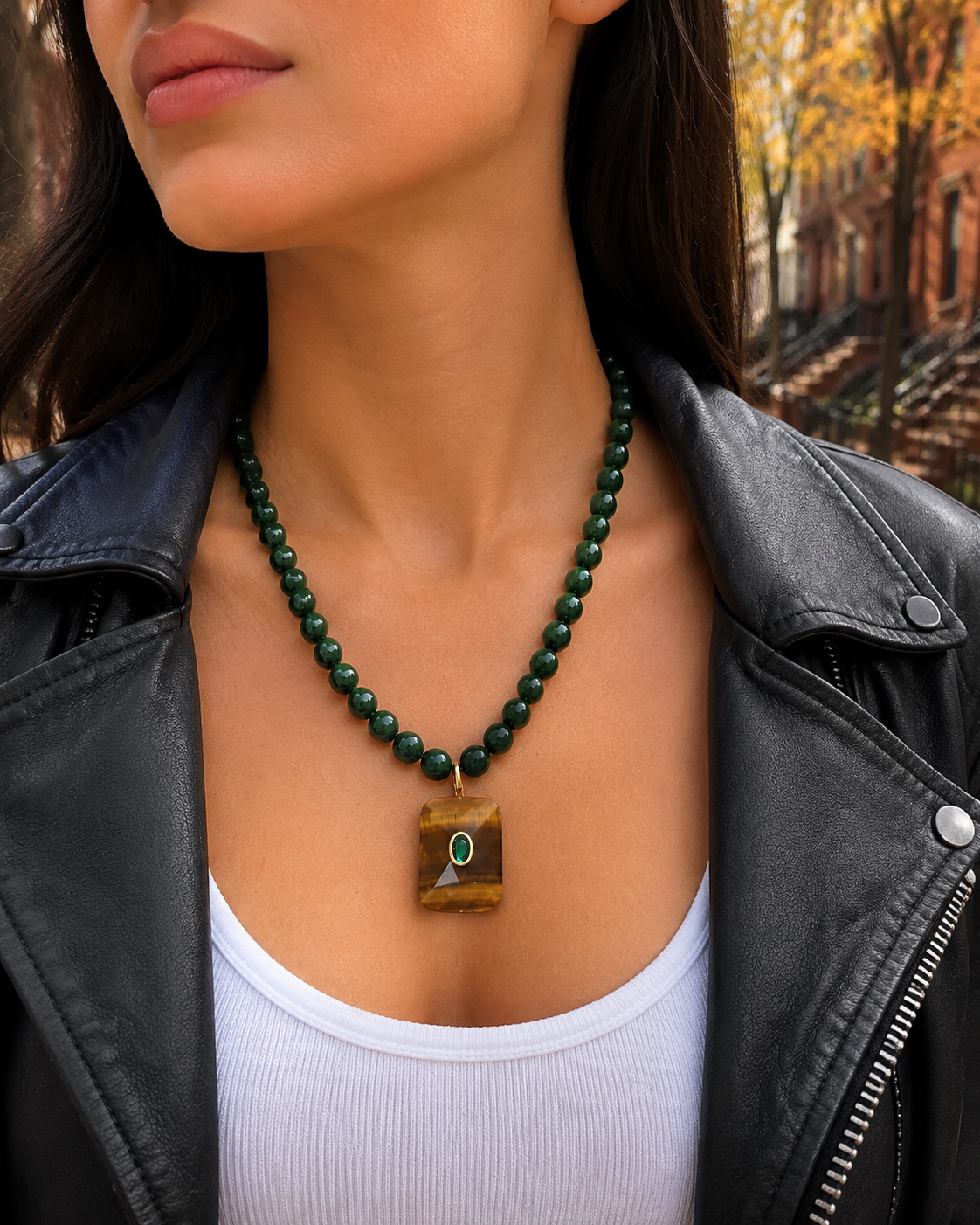 Green Beaded Tiger’s Eye Pendant Necklace