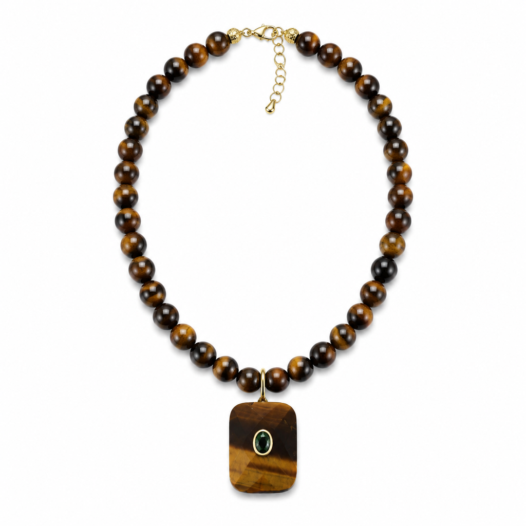 Tiger’s Eye Beaded Necklace with Green Accent Pendant