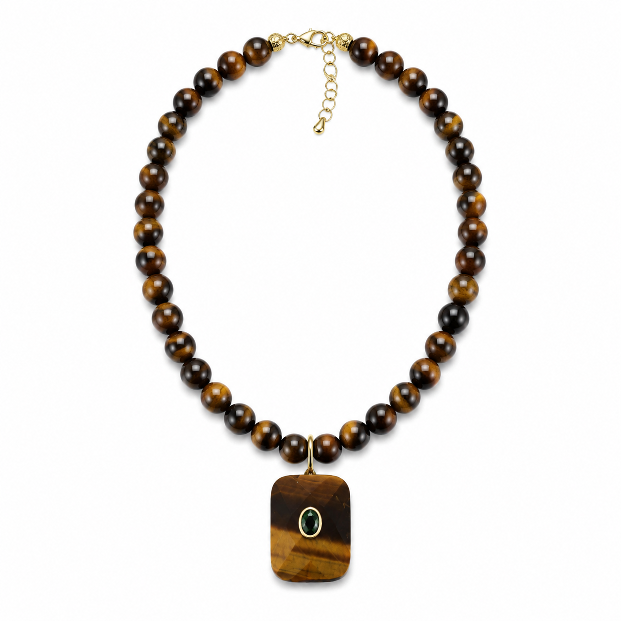 Tiger’s Eye Beaded Necklace with Green Accent Pendant