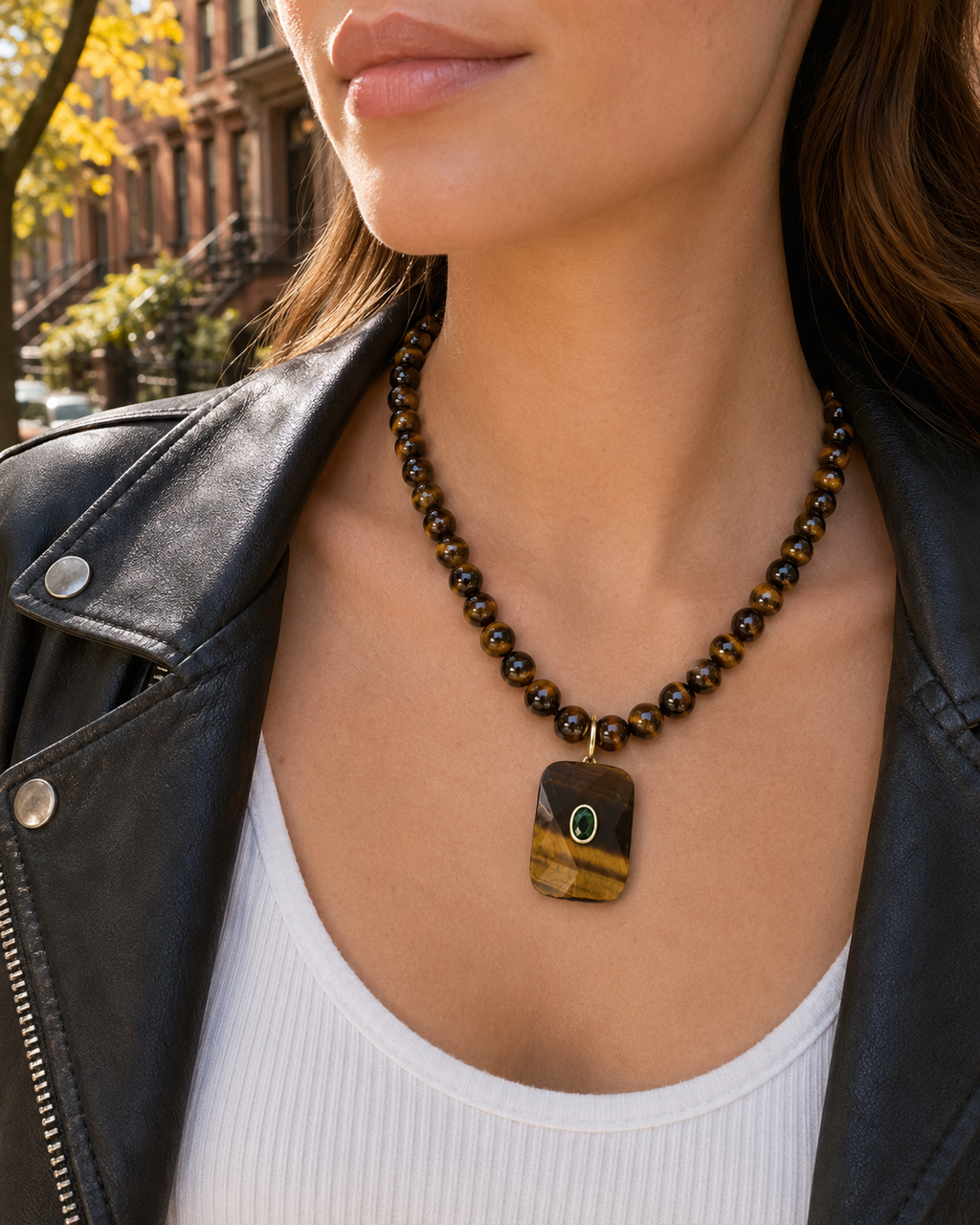 Tiger’s Eye Beaded Necklace with Green Accent Pendant